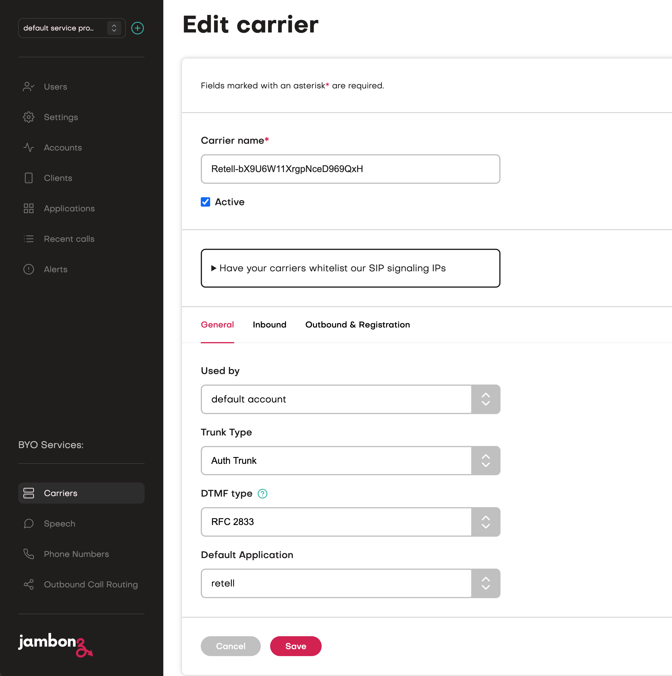 New Retell Carrier created