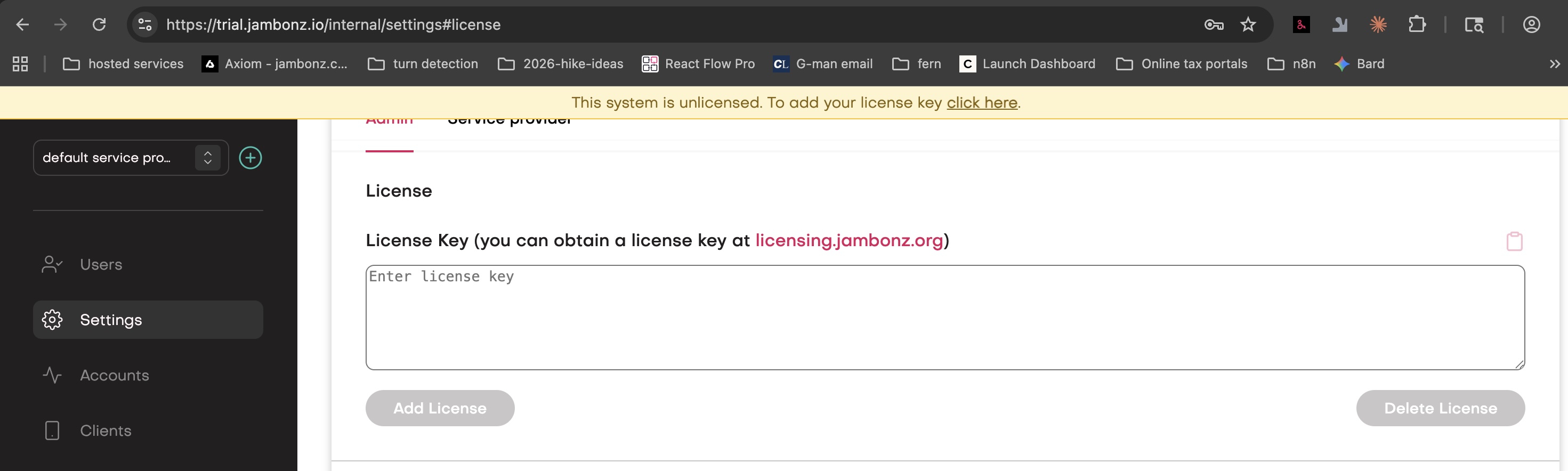 Settings page Settings page with licensing portal link