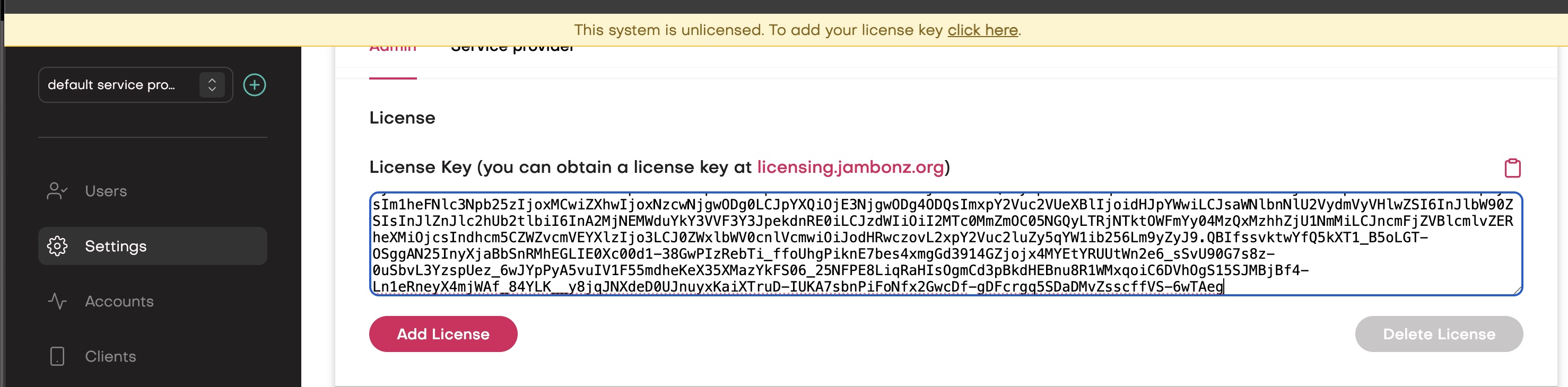Add license key to settings Installing license key in settings