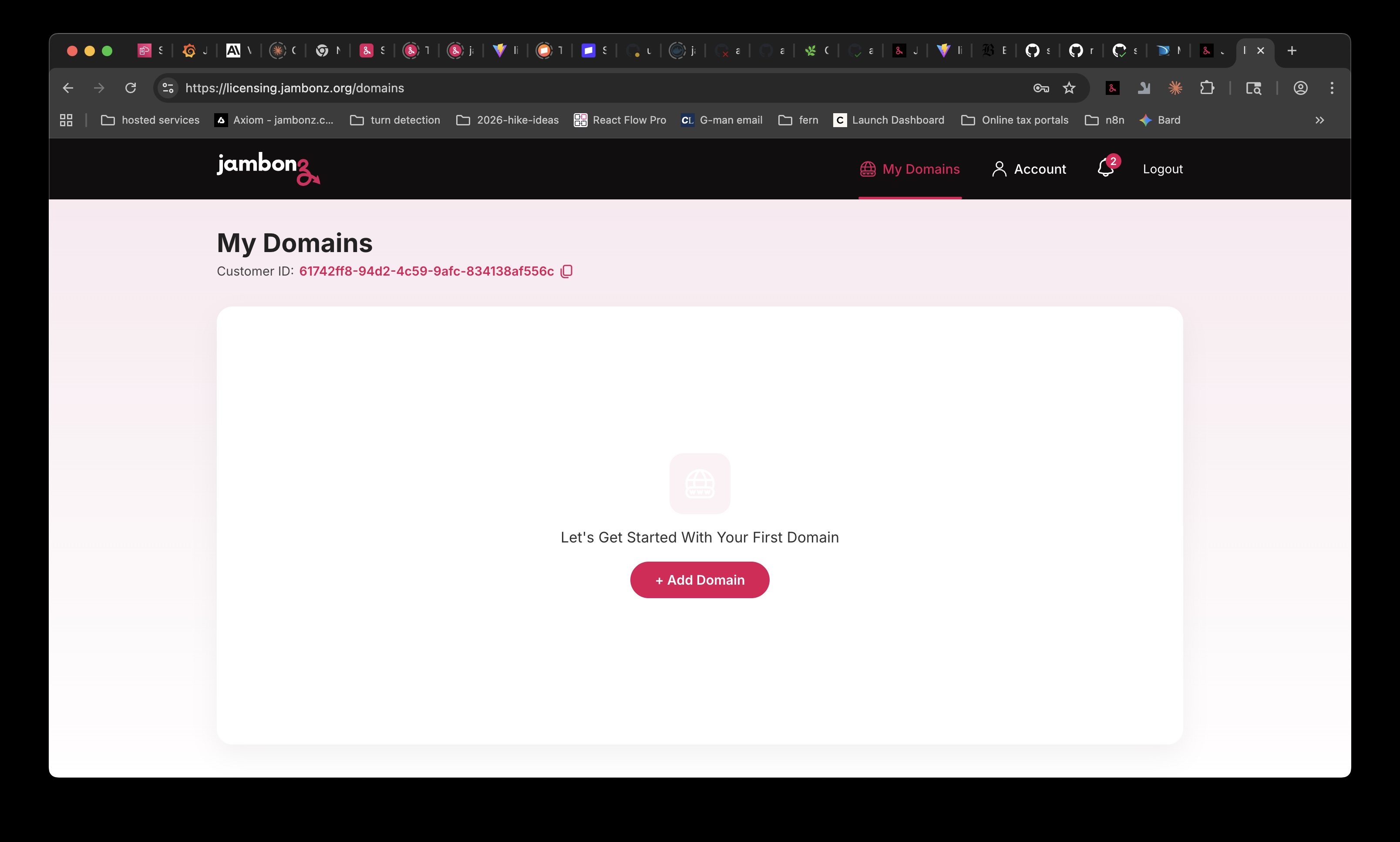 Empty domains list Licensing portal with no domains