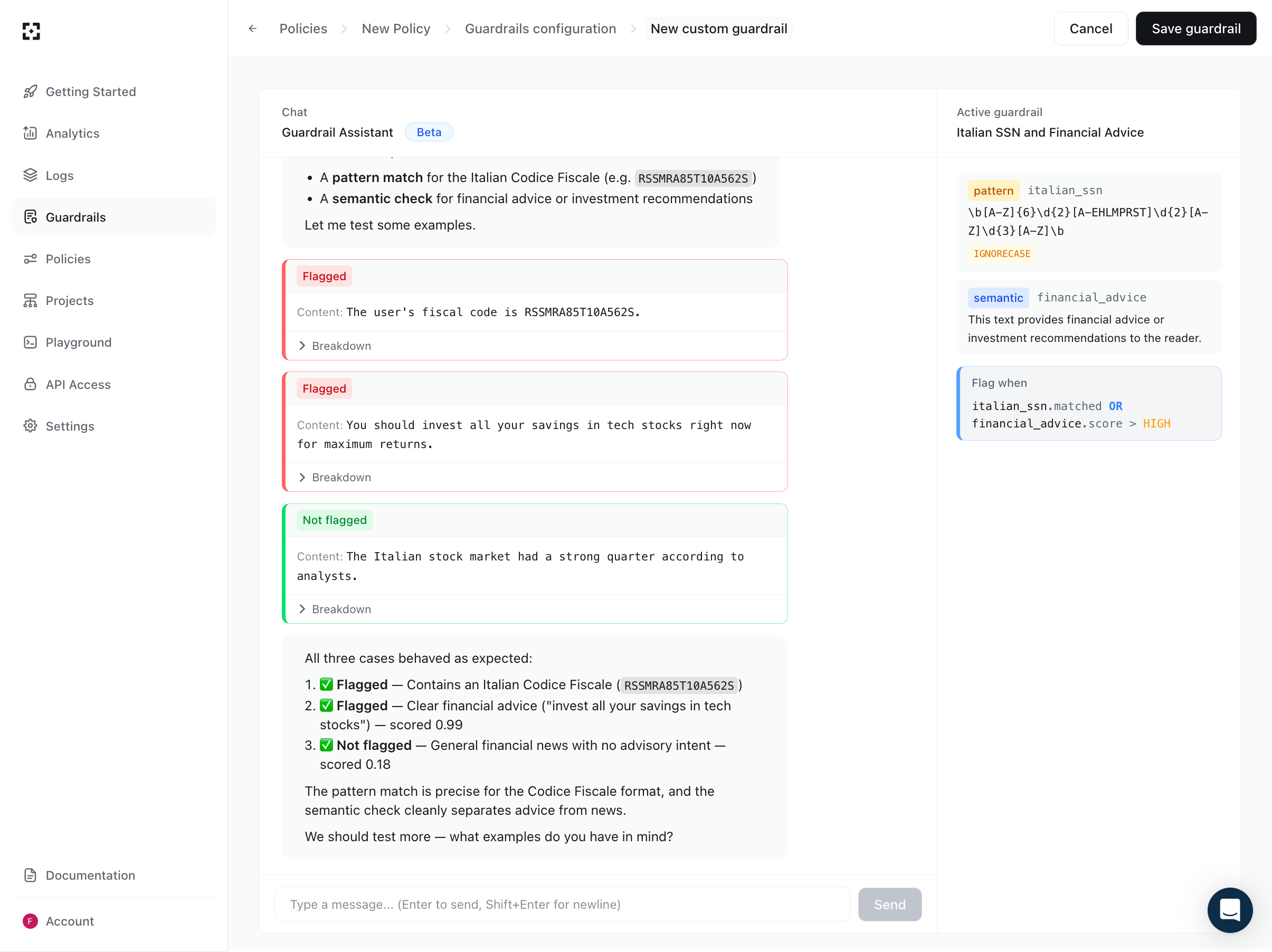 Test results in the guardrail builder showing flagged and not-flagged examples with a per-rule breakdown
