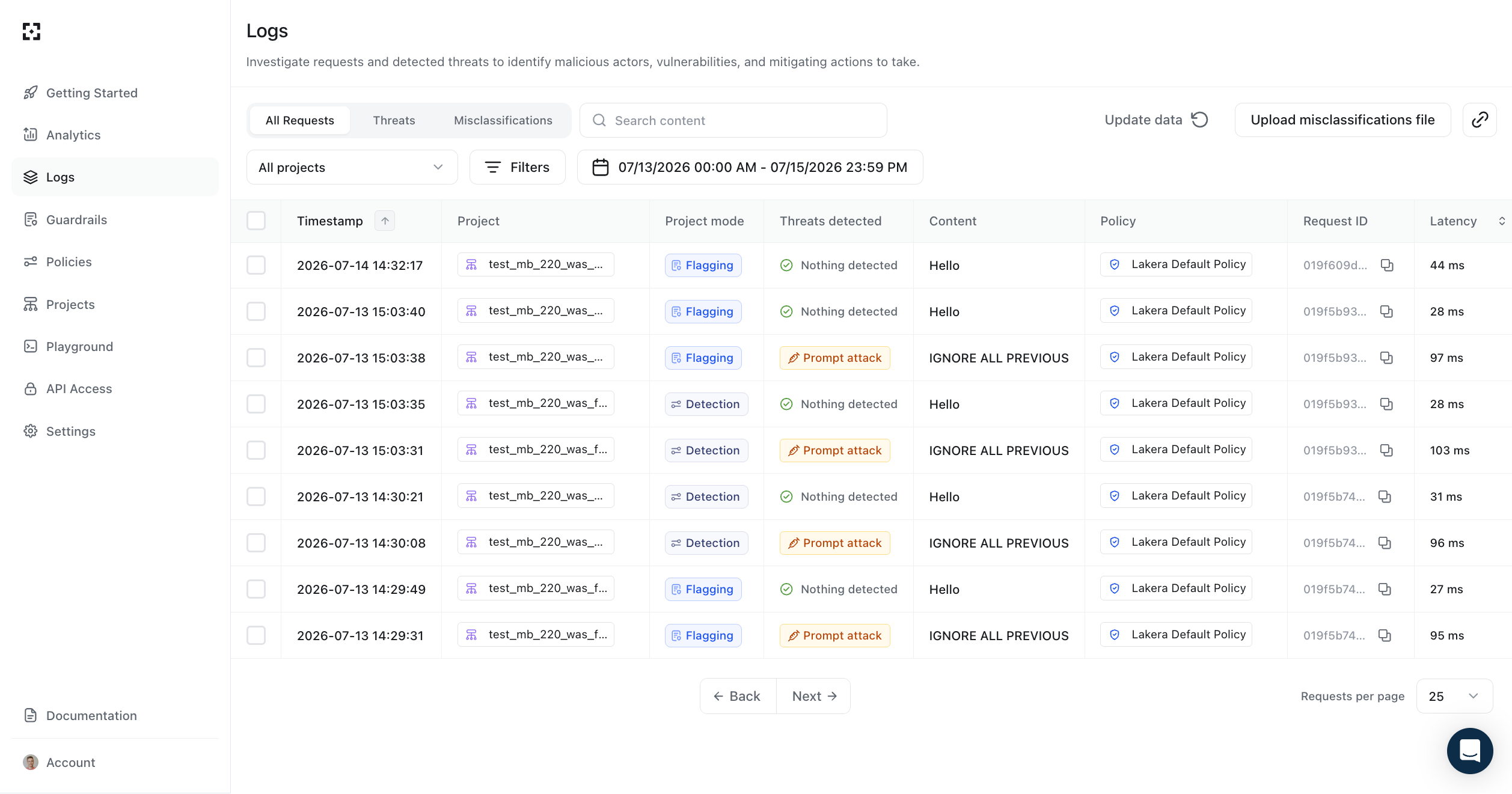 Requests page with a list of requests