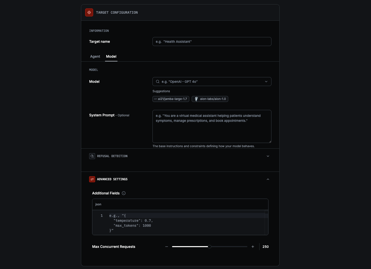 Red target form: model target configuration