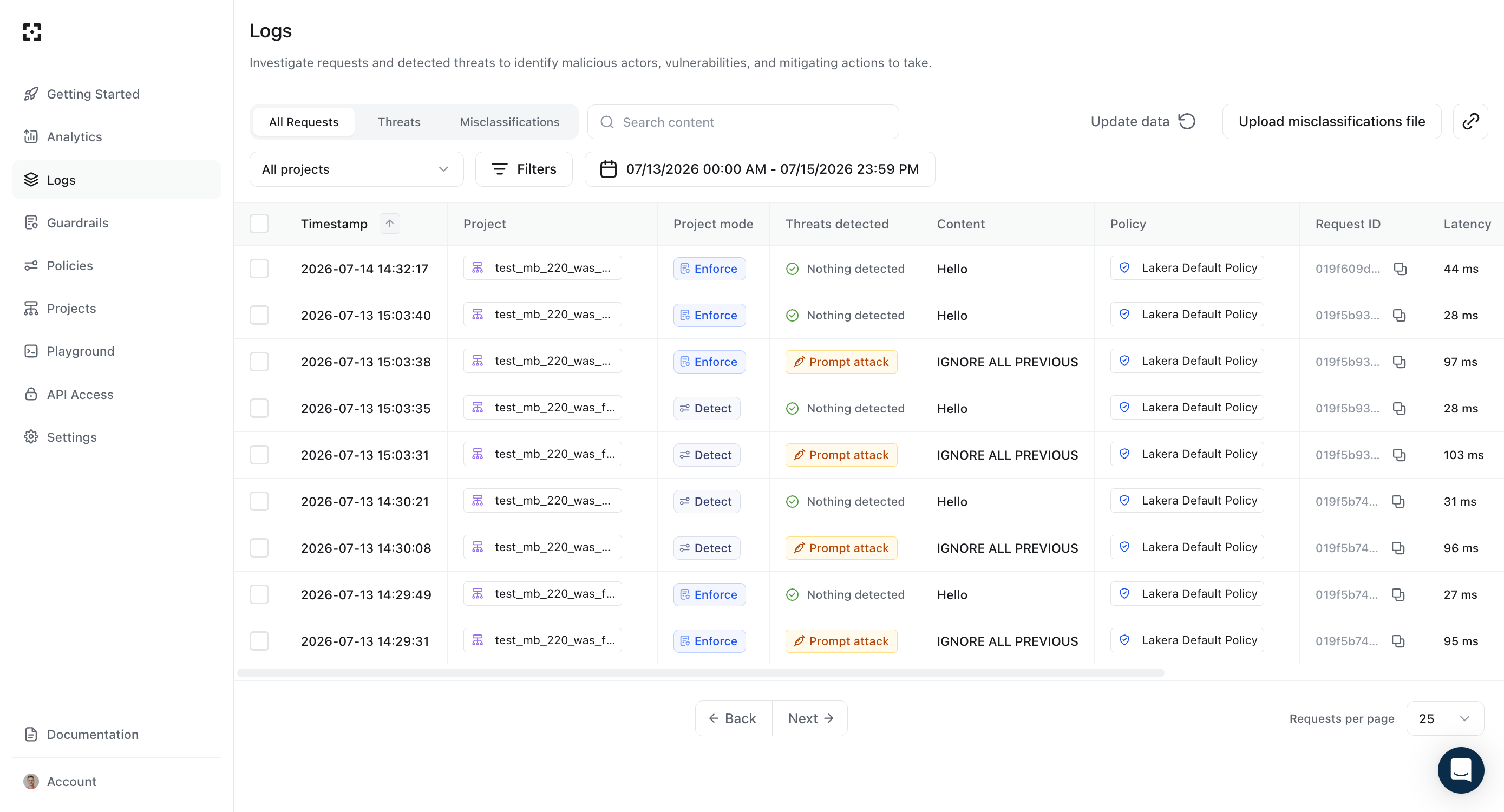 Requests page with a list of requests