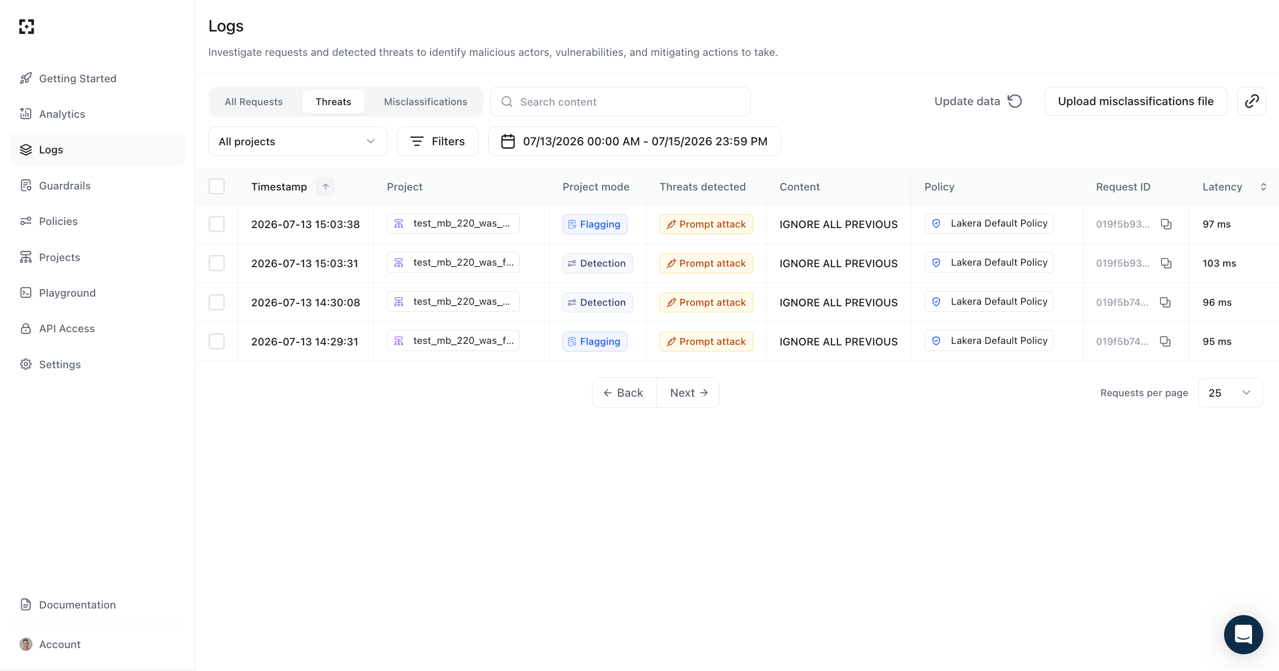 Request Detections tab