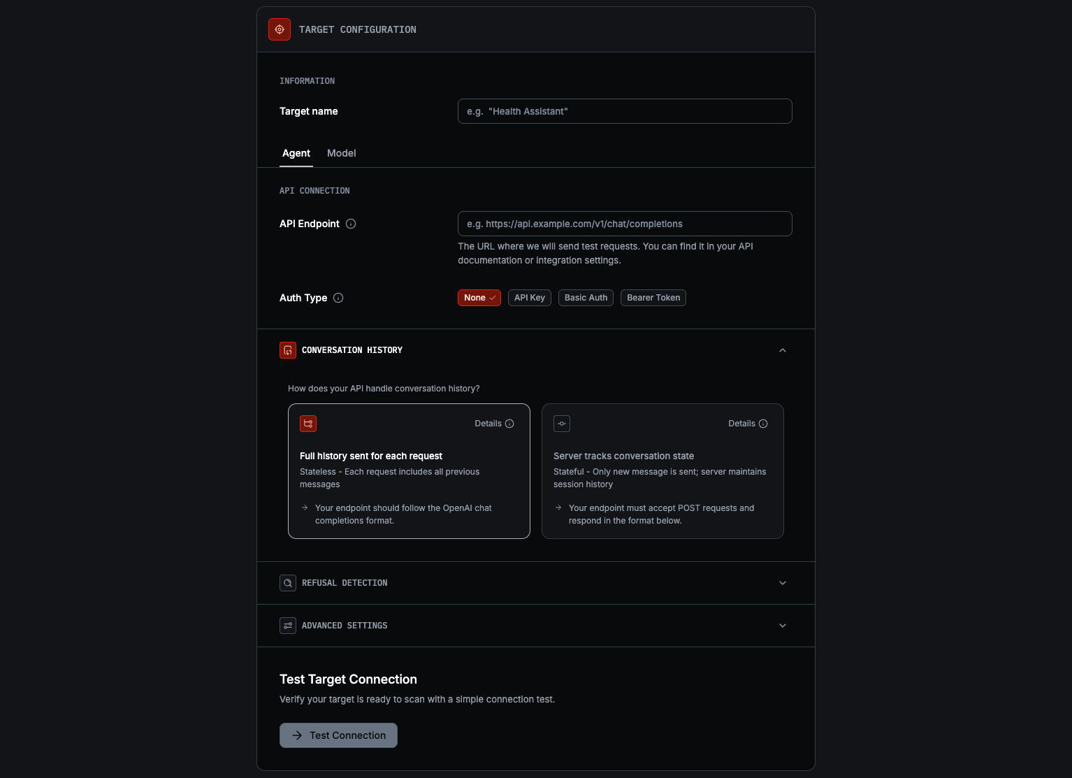 Red target form: agent target configuration