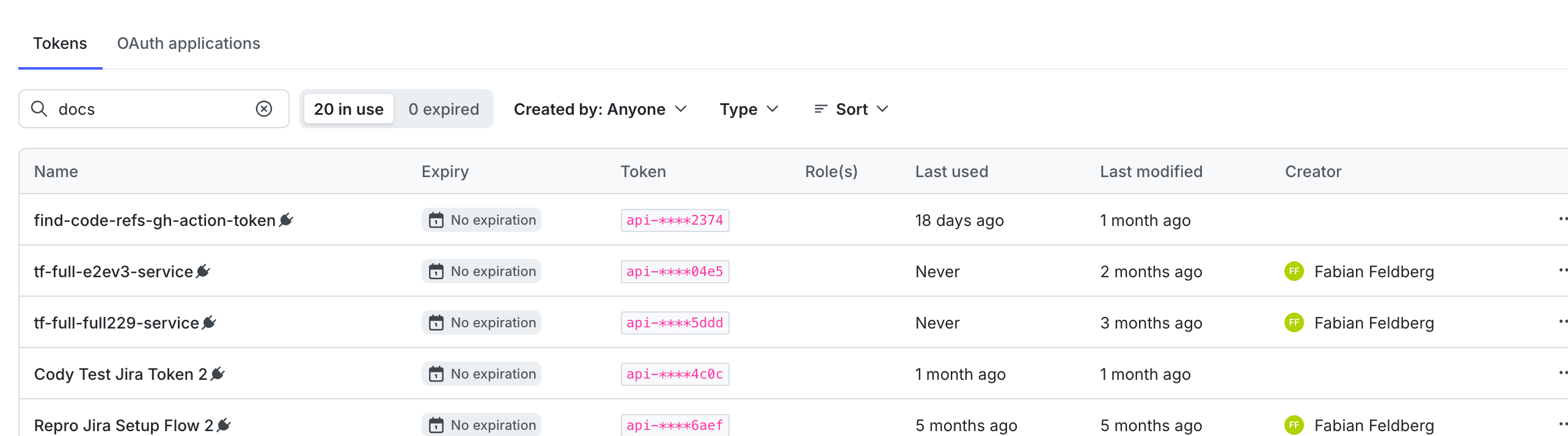 A new access token and its overflow menu, including the "Clone token" and "Delete token" options.