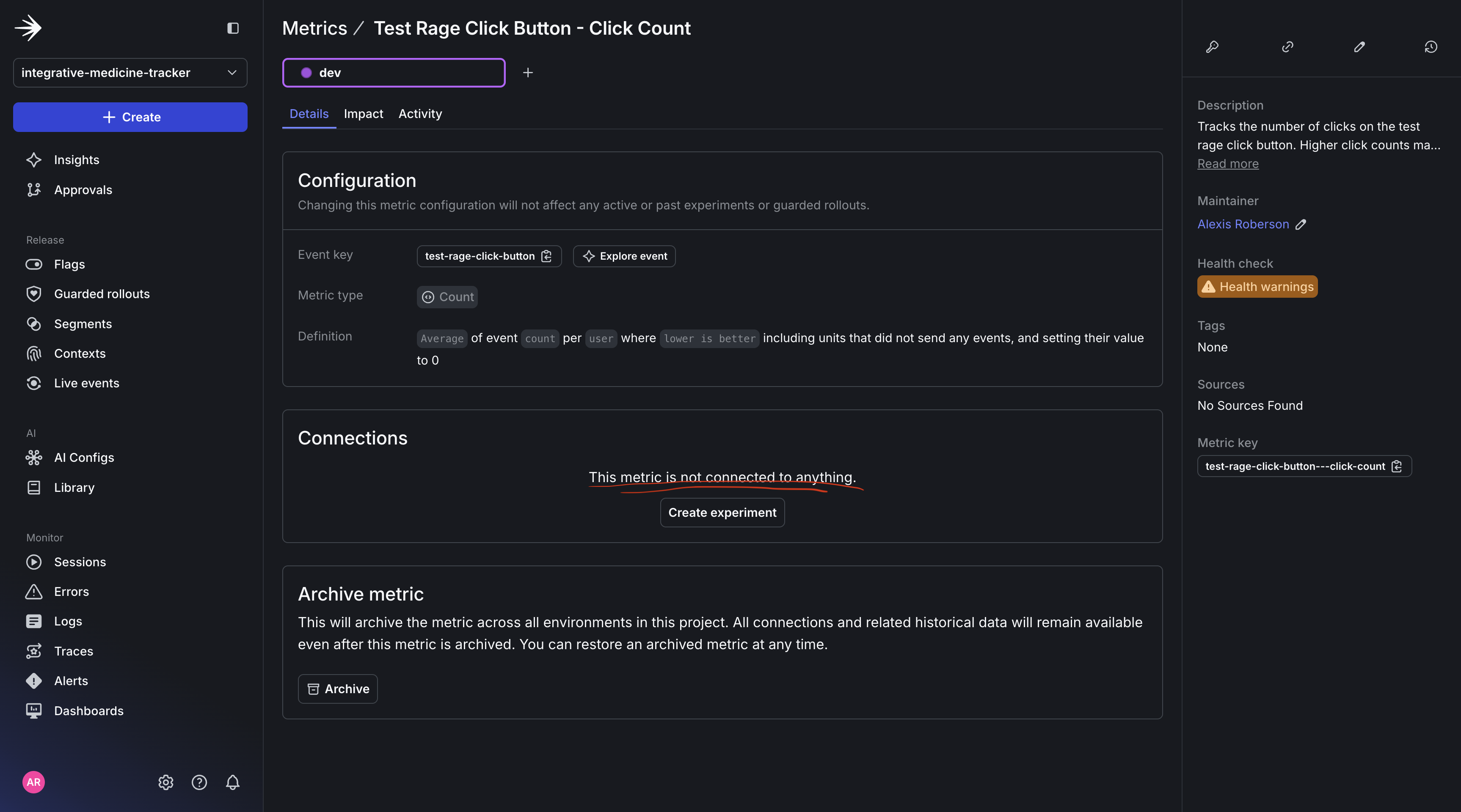 Landing page after creating custom metric for Guarded rollout.