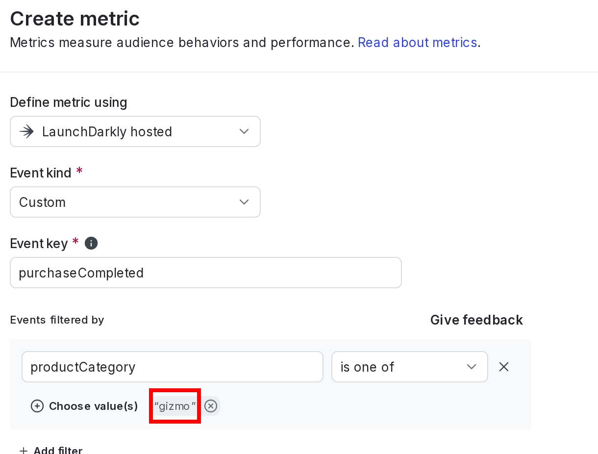 A second metric using the same event key, filtered to include only events where productCategory is gizmo.