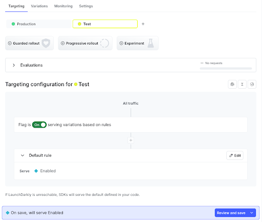 Toggling on a flag on the LaunchDarkly dashboard