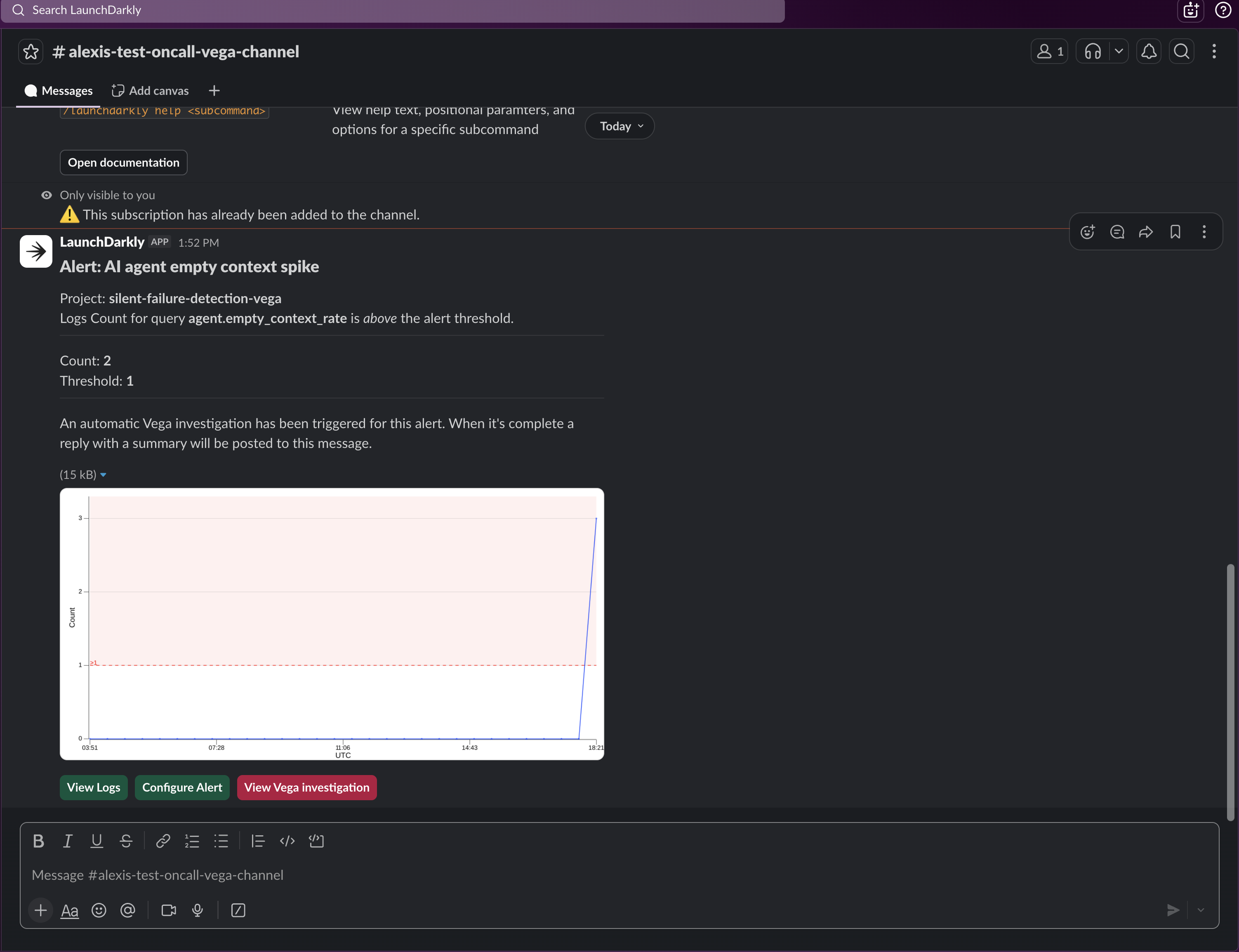 The alert notification in Slack.