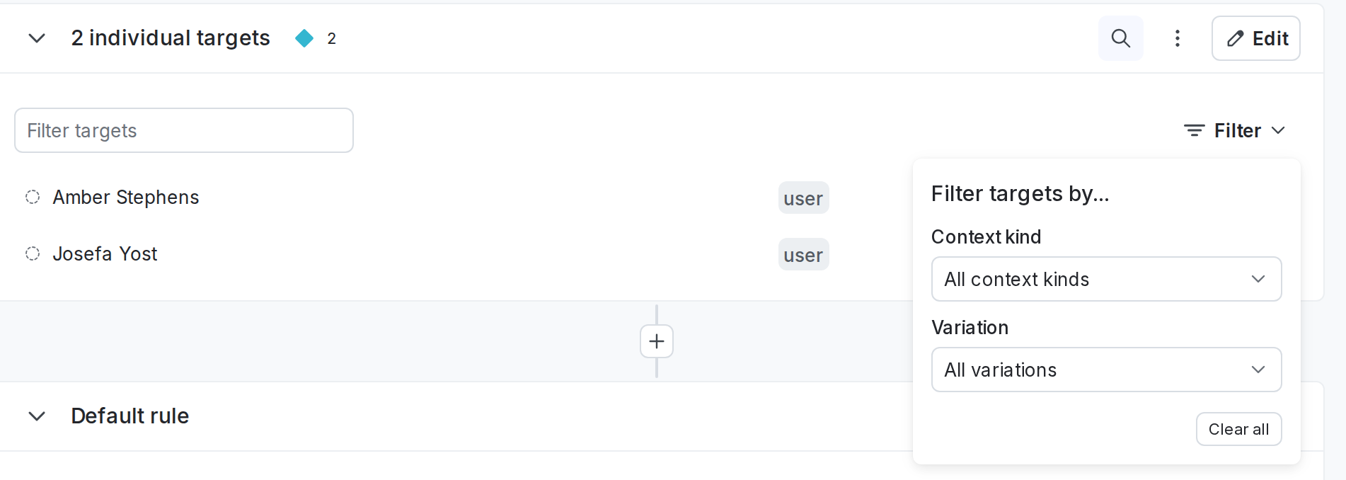 The filter options for individually targeted contexts.