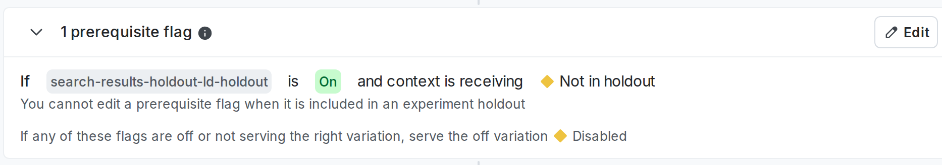 An experiment's flag's details page with a holdout prerequisite.