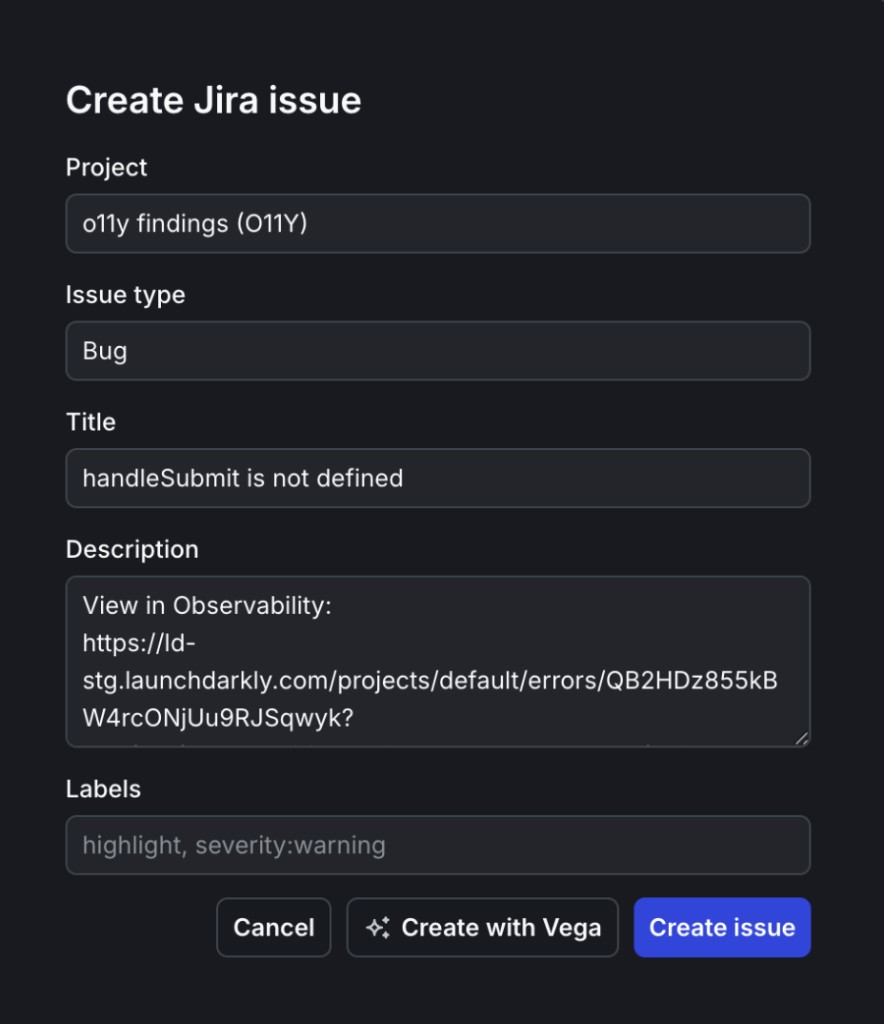 The Create Jira issue dialog with a Project menu set to "o11y findings (O11Y)", an Issue type of "Bug", a title, a description pre-populated with a link back to the error in Observability, a Labels field, and Cancel, Create with Vega, and Create issue buttons.
