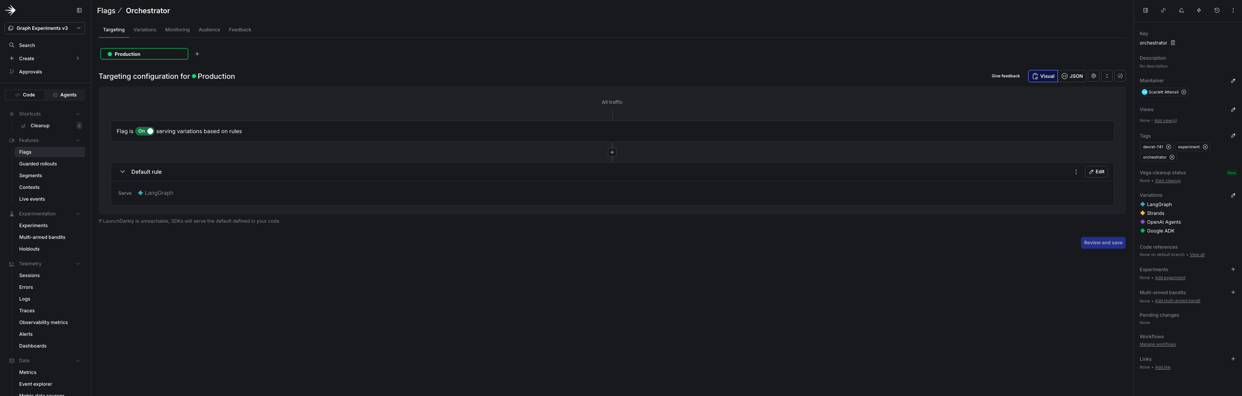 The orchestrator flag in the LaunchDarkly UI: one multivariate flag with a variation per framework, serving the default to production as the runtime router.