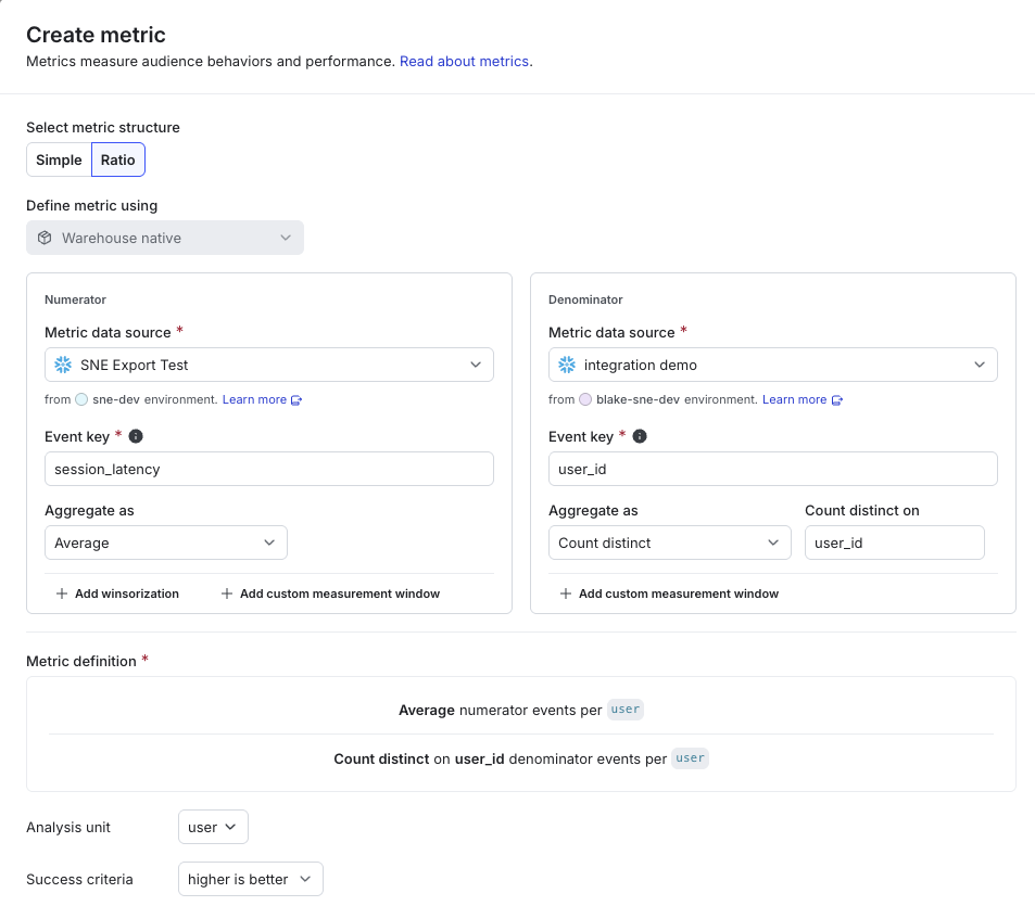 Configuring numerator and denominator aggregations for a ratio metric.