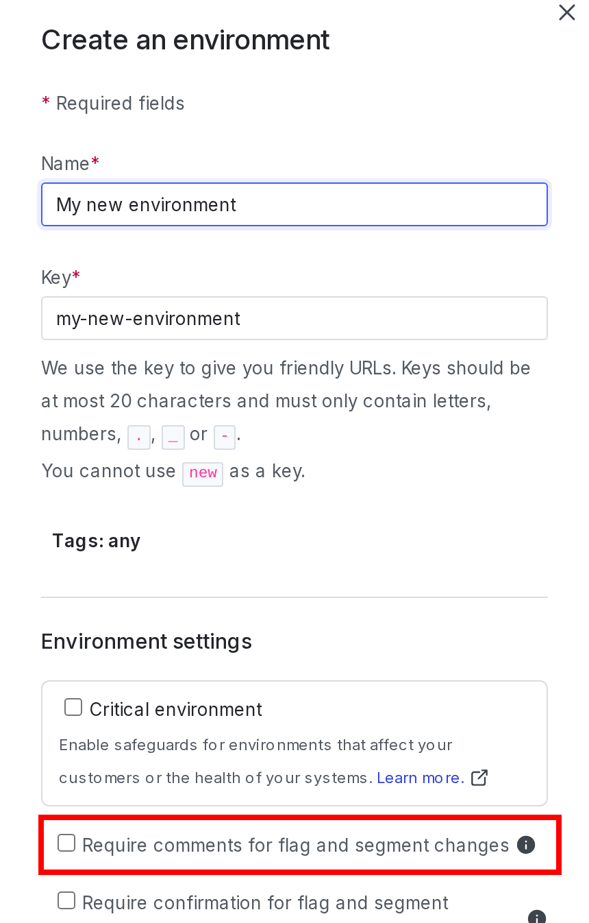 The "Create an environment" panel with the "Require comments" checkbox called out.