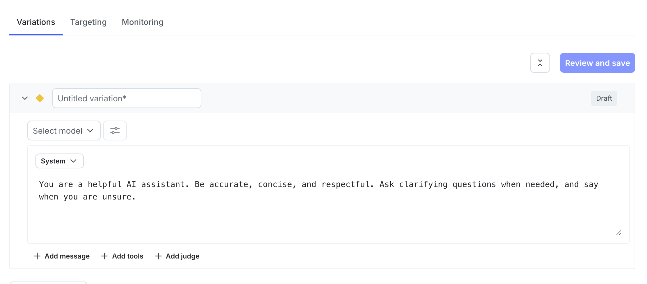 The Variations tab of a newly-created config.