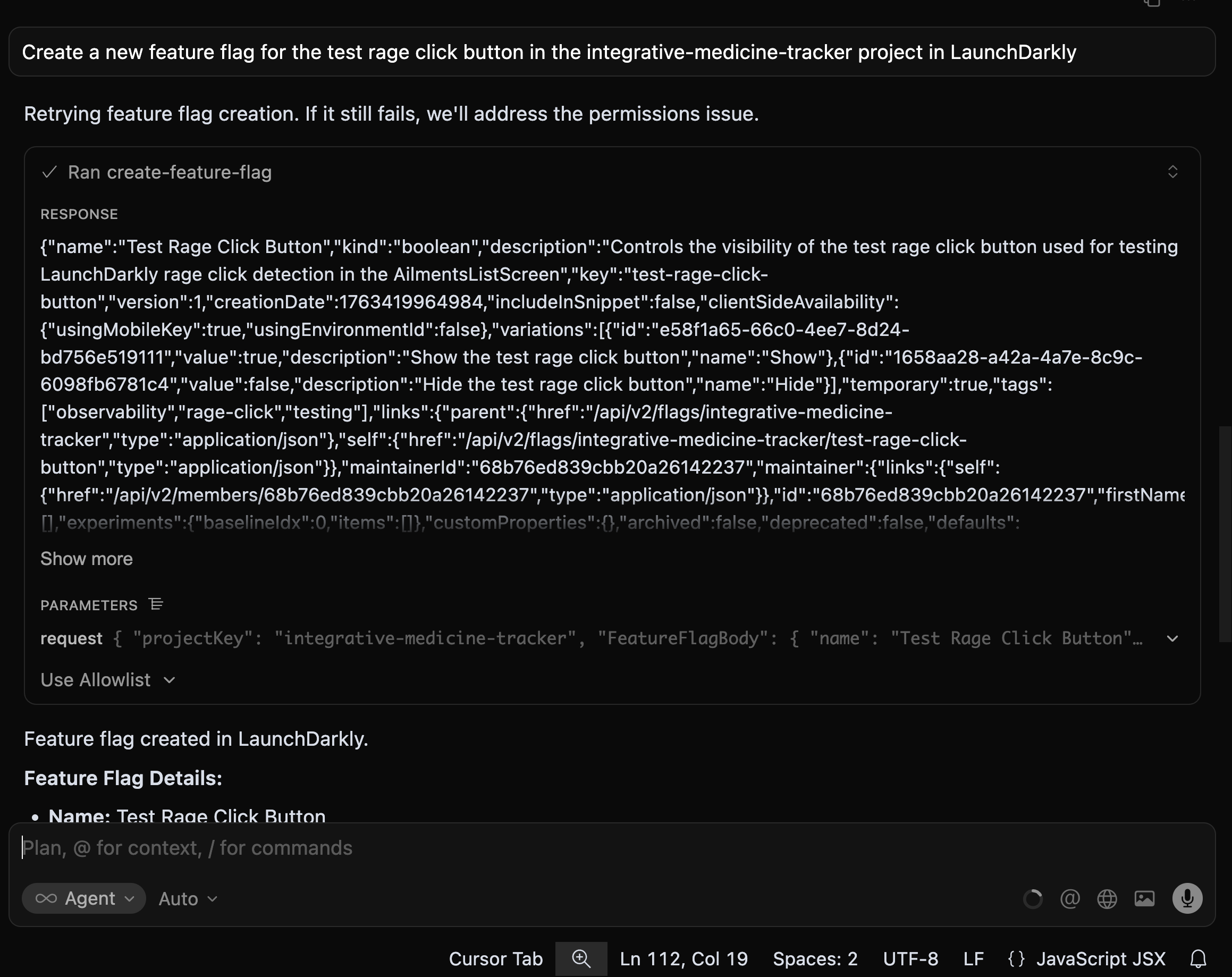 Image of executing prompt tp create feature flag using LaunchDarkly MCP Server.