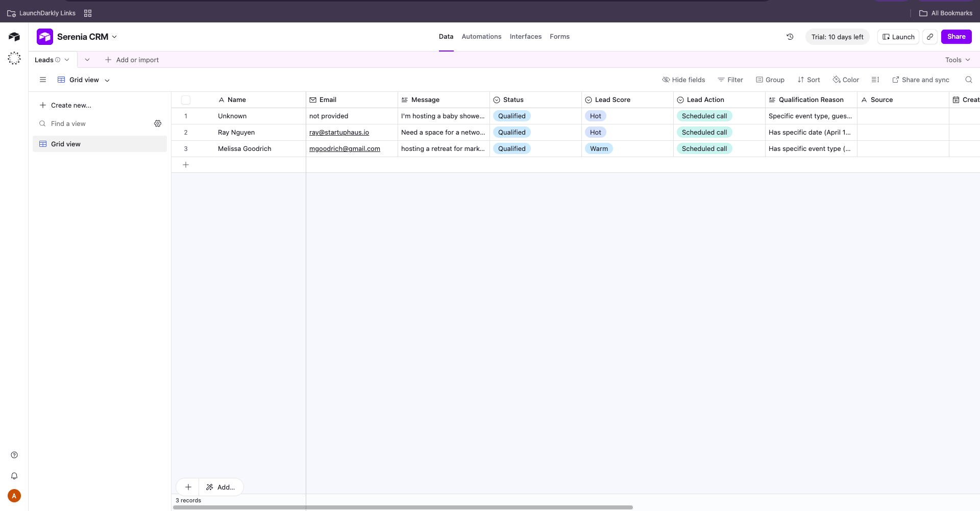 Airtable Leads table showing records created by both log_inquiry (Status: New) and qualify_lead (Status: Qualified, with Lead Score and Lead Action populated).