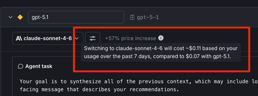 A config variation with the tooltip from the model cost estimator called out.