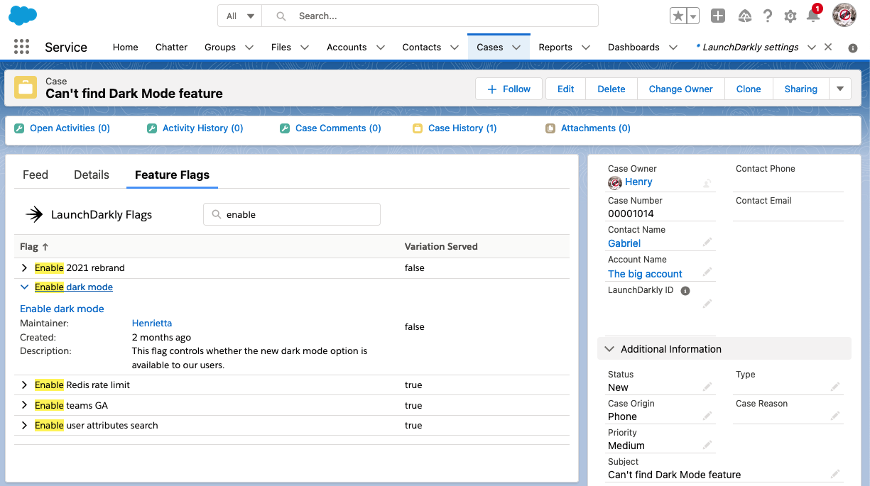 The Salesforce Case Page with the LaunchDarkly integration enabled.