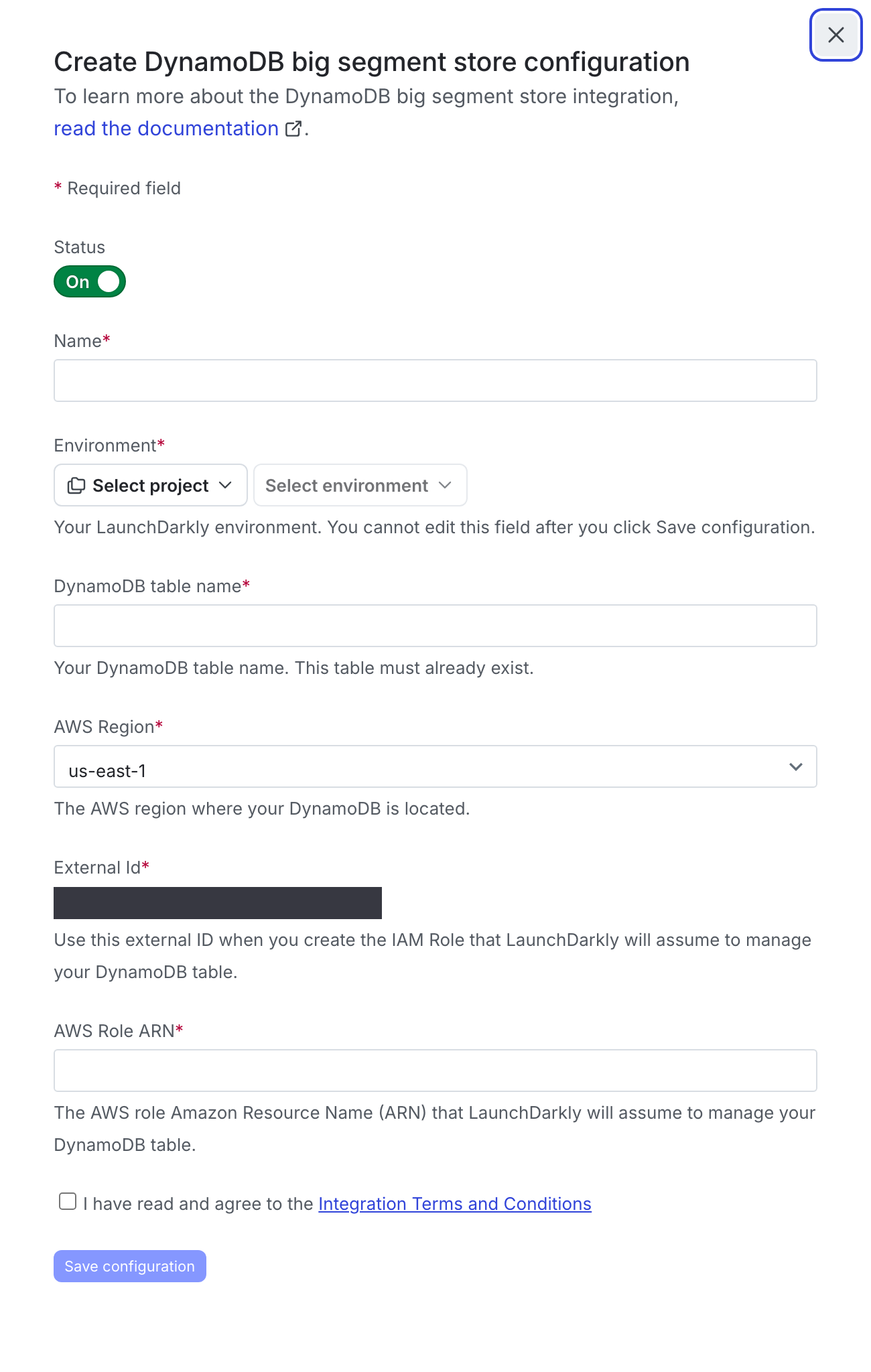 The "Create configuration" panel for a DynamoDB integration.