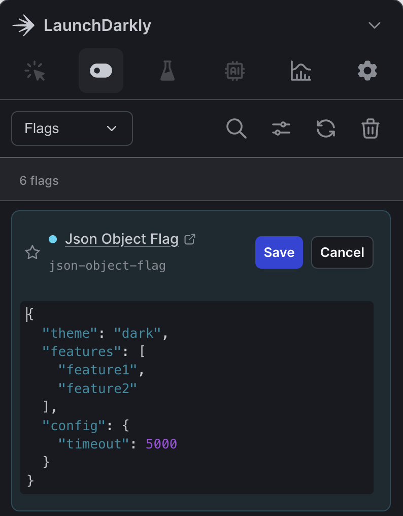 Editing a JSON flag in the developer toolbar.