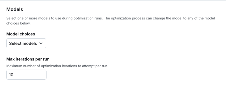 The model options configuration in the LaunchDarkly UI, showing a list of model choices available to the optimization process.