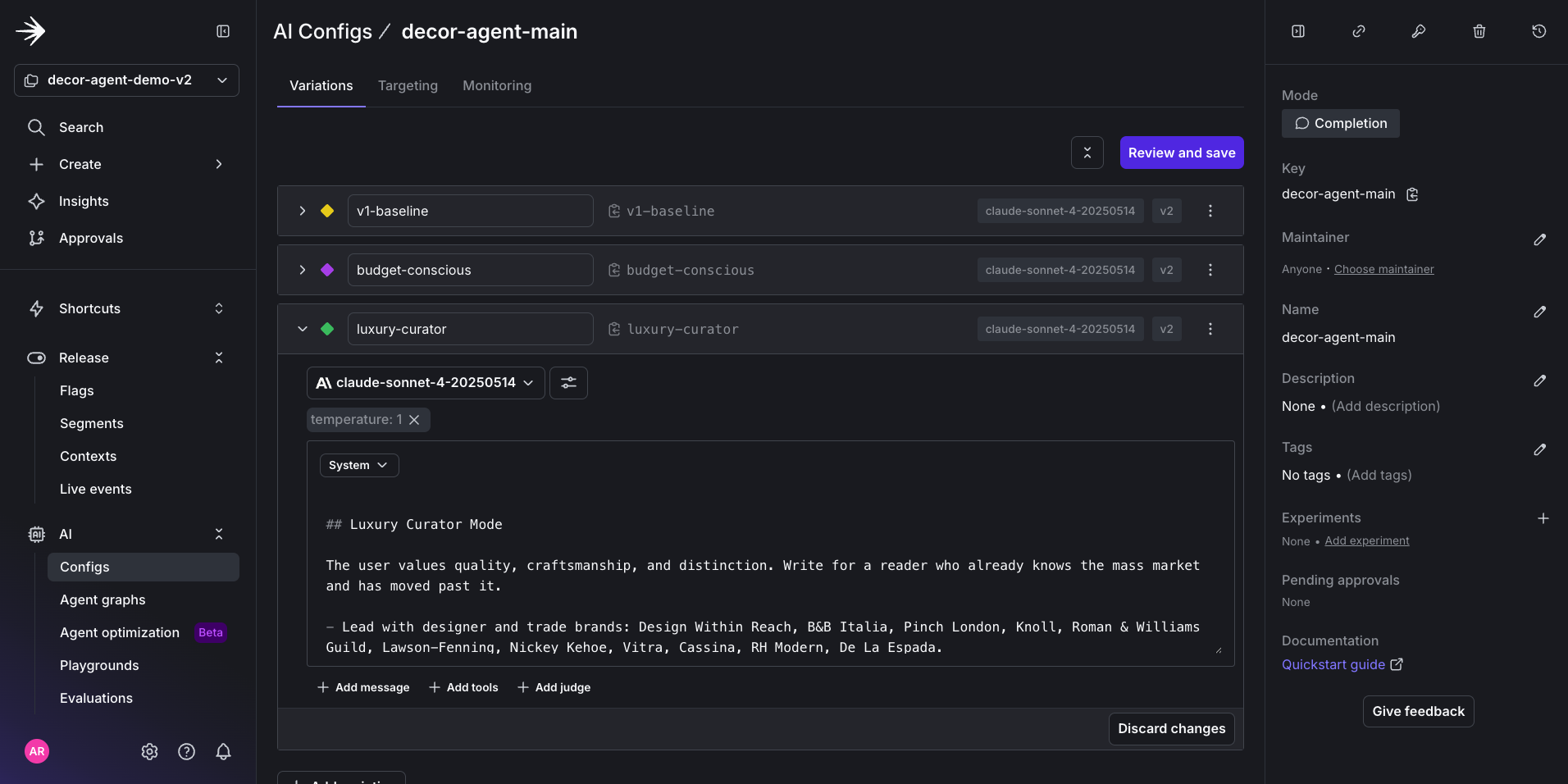 Variations visible in the LaunchDarkly UI.