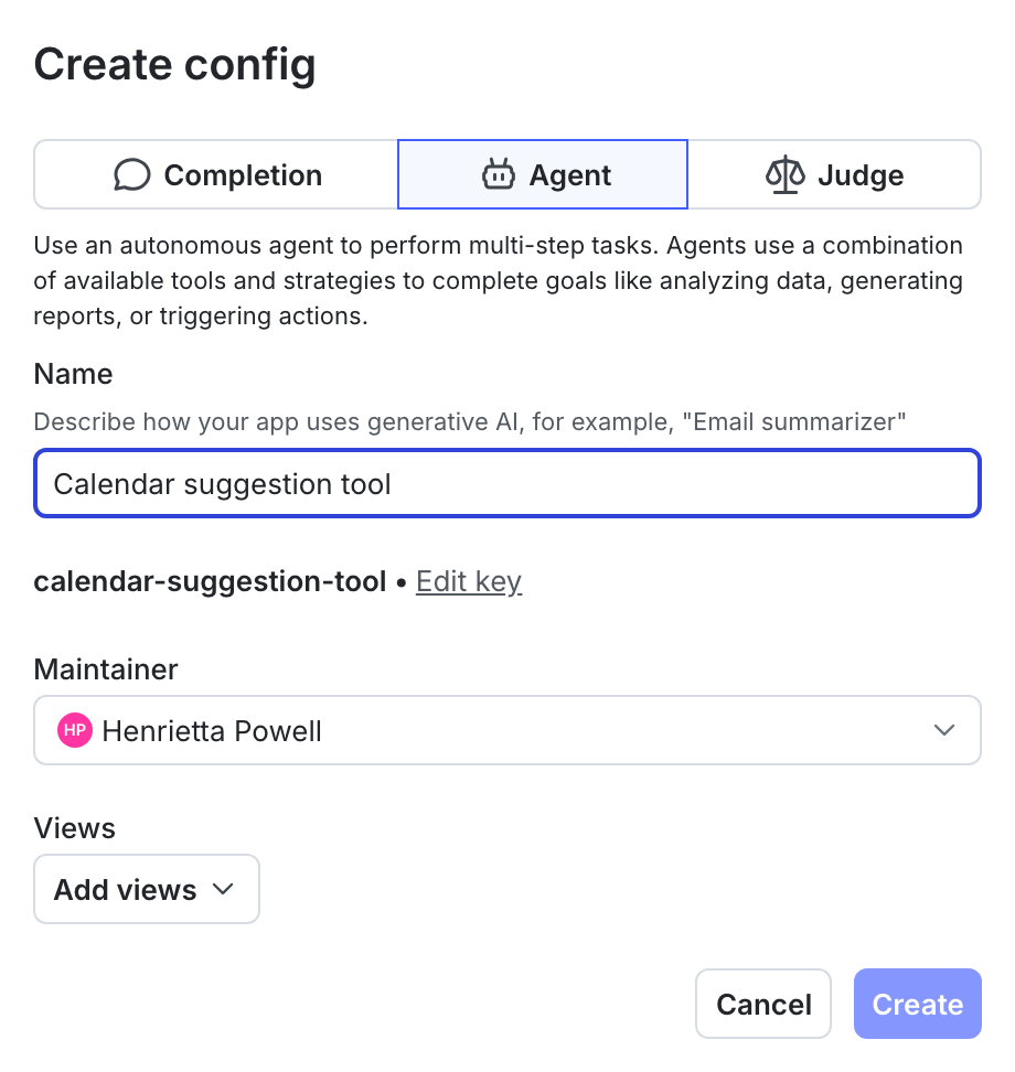 The Create AgentControl config dialog with Agent mode selected.