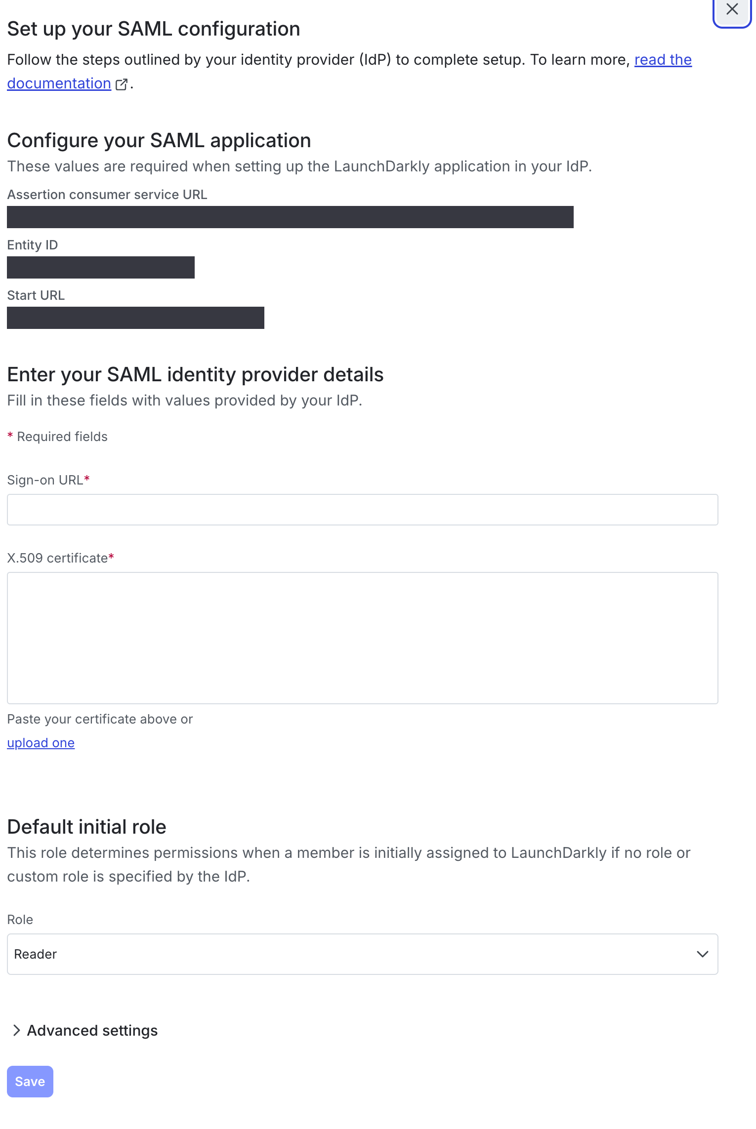 The "Set up your SAML configuration" panel.