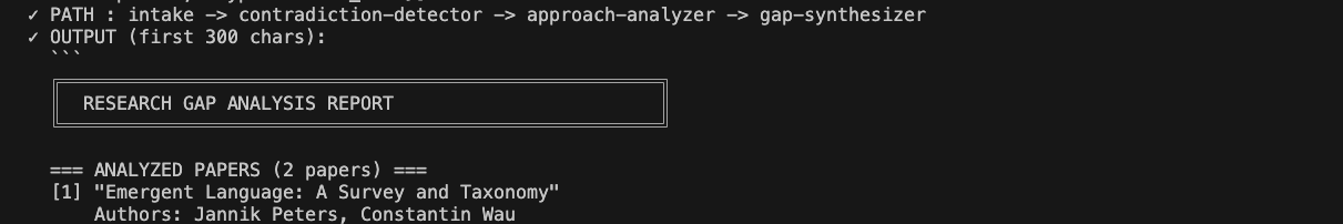 The smoke test after completing the graph: the printed path now routes through contradiction-detector, with the two readers running concurrently.