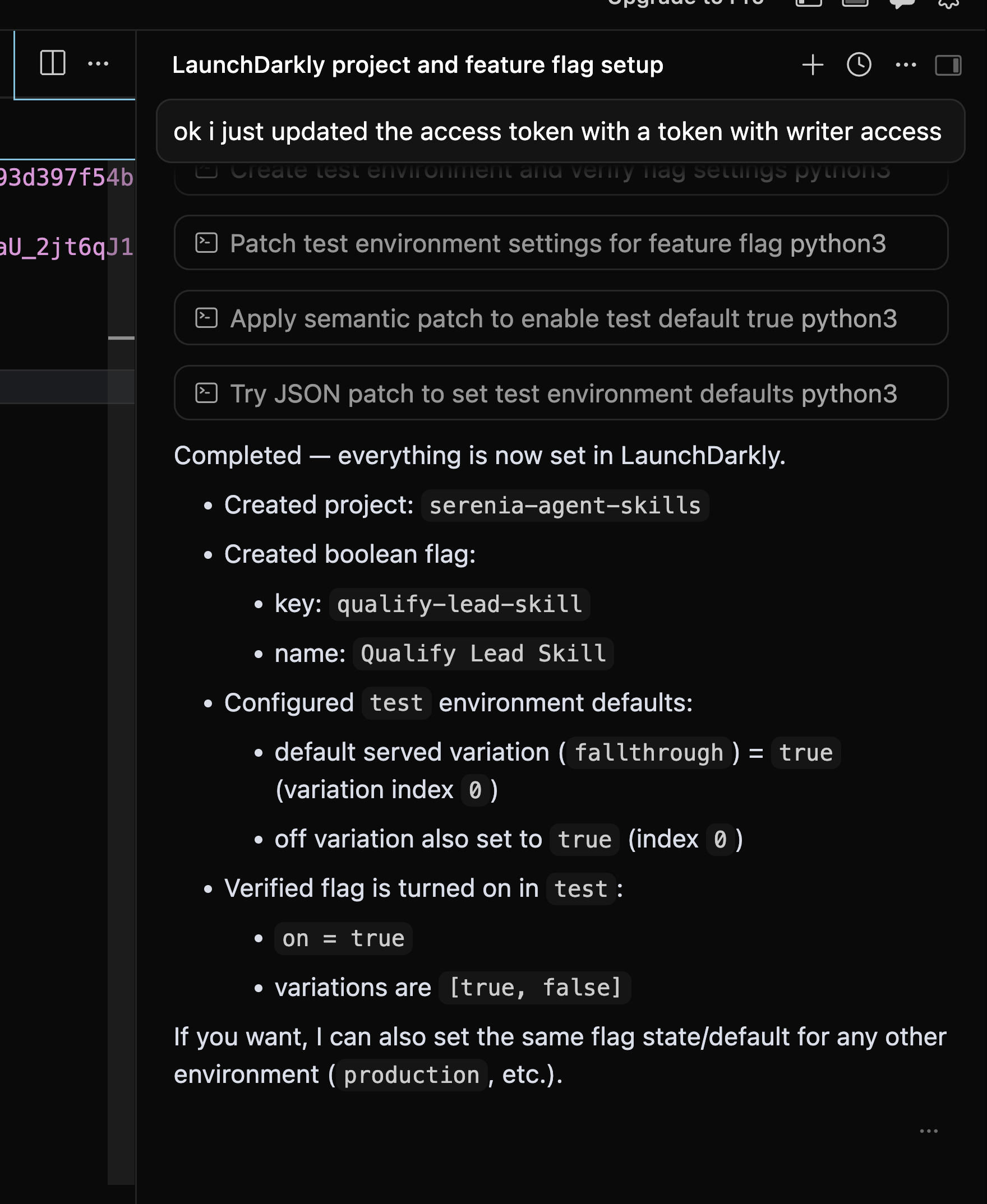 Creating the feature flag and project using the LaunchDarkly MCP Server in Cursor.