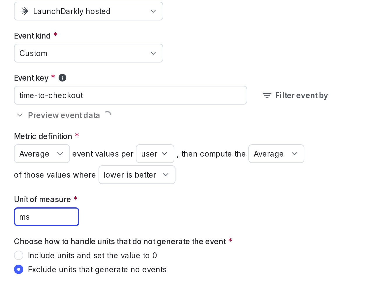 The "Metric definition" section for a custom numeric metric.