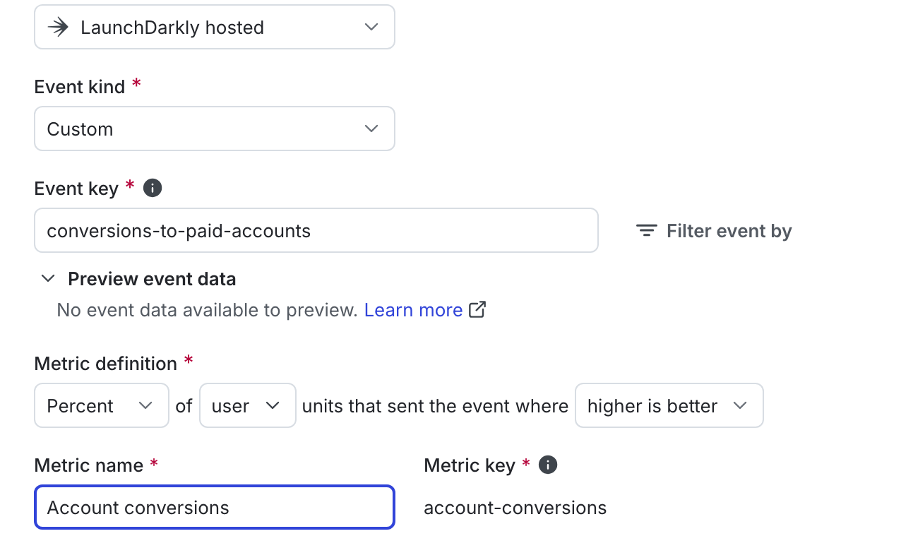 The "Create metric" dialog for a custom conversion binary metric.