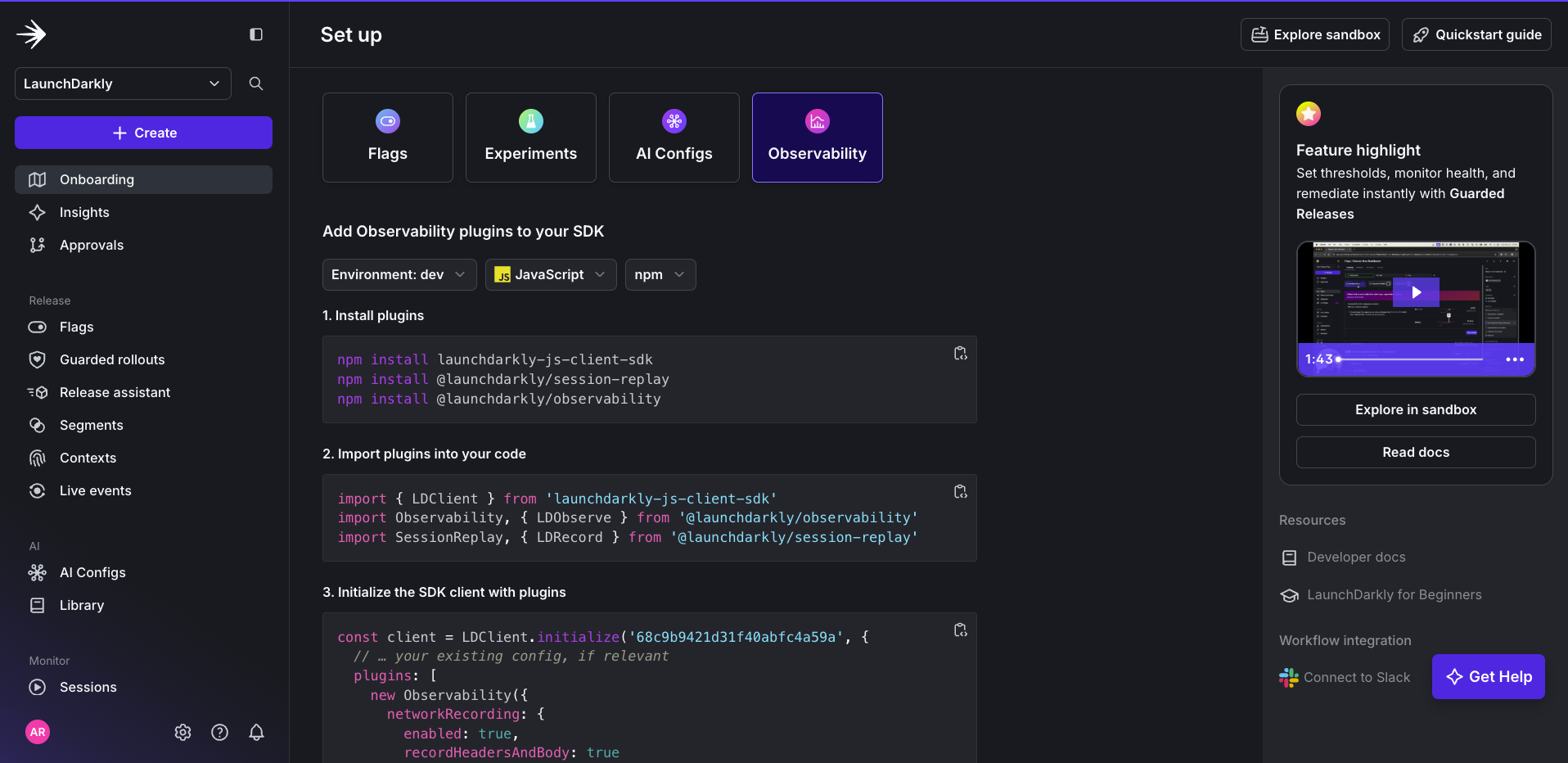 The LaunchDarkly onboarding page