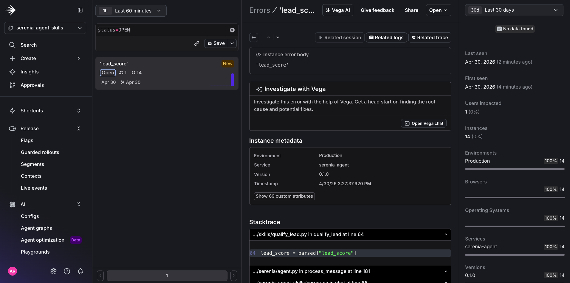 The errors view in LaunchDarkly showing the spike caused by the v2 variation.