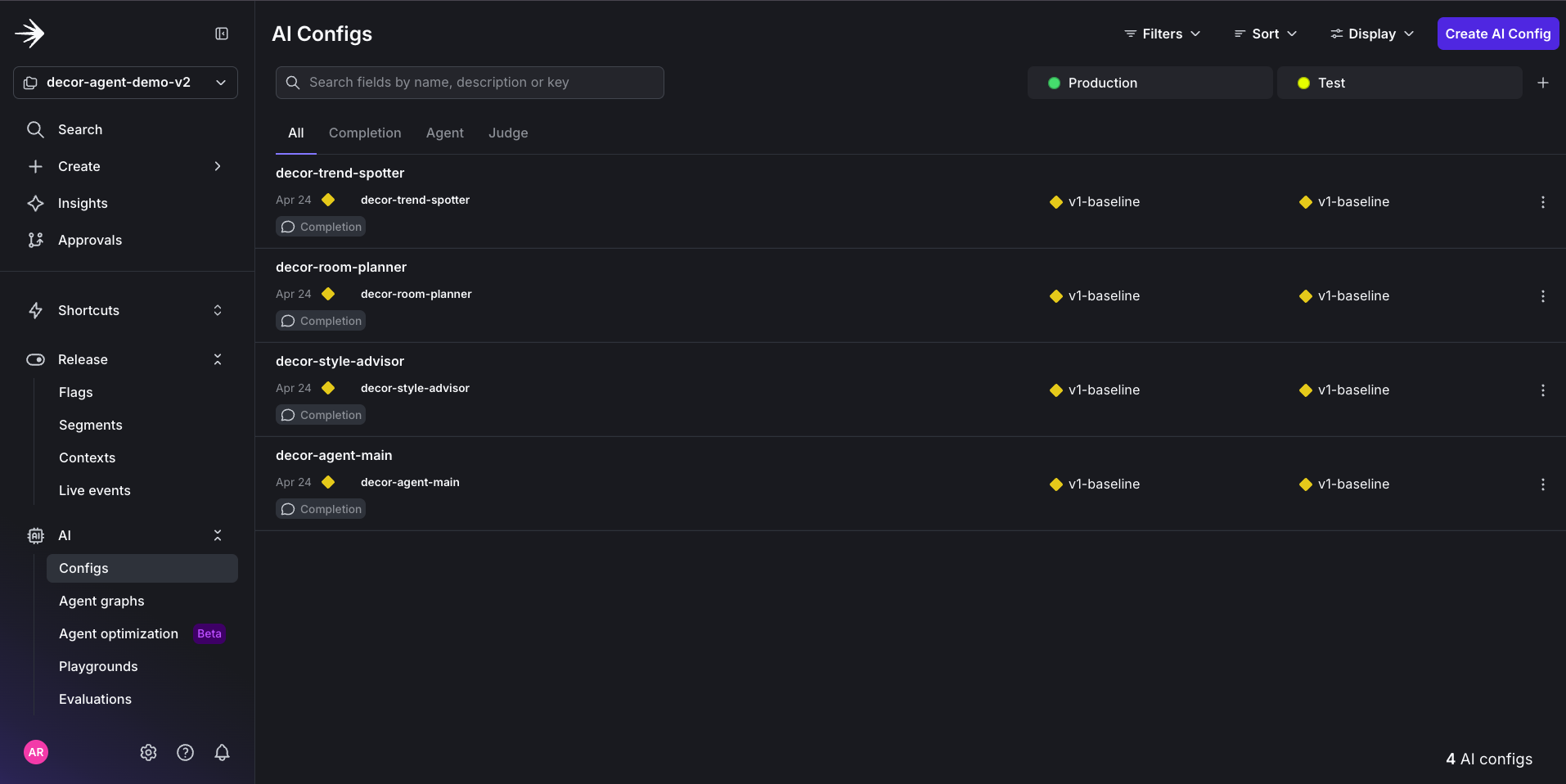 The four configs created in the LaunchDarkly UI.