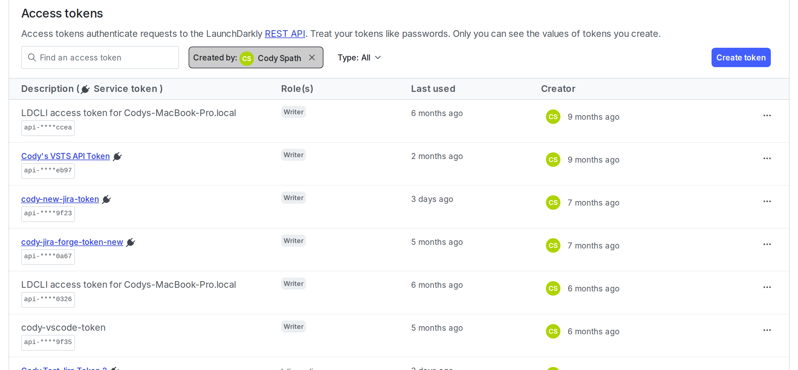 The Access tokens section of the Authorization tab.
