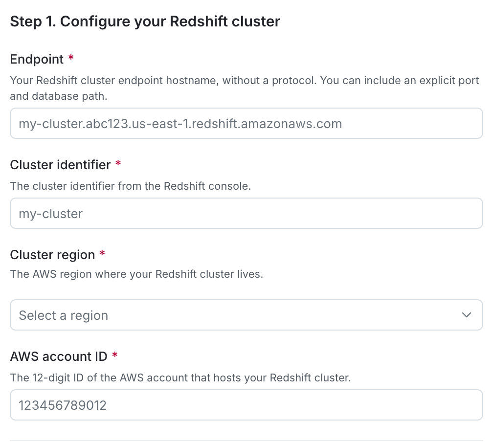 The Redshift cluster configuration section in LaunchDarkly.