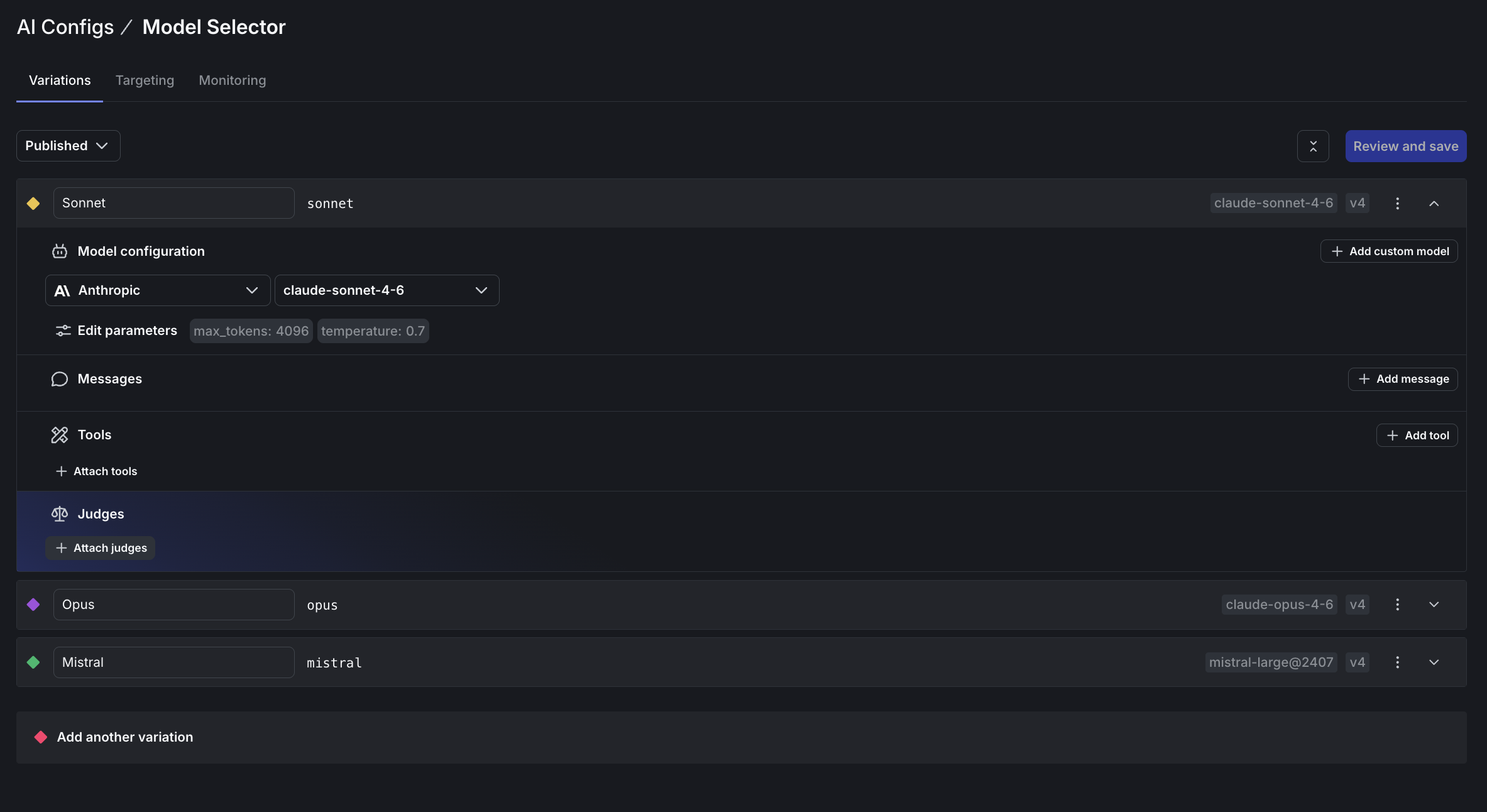 Model Selector variation expanded showing the Judges section with an Attach judges button.
