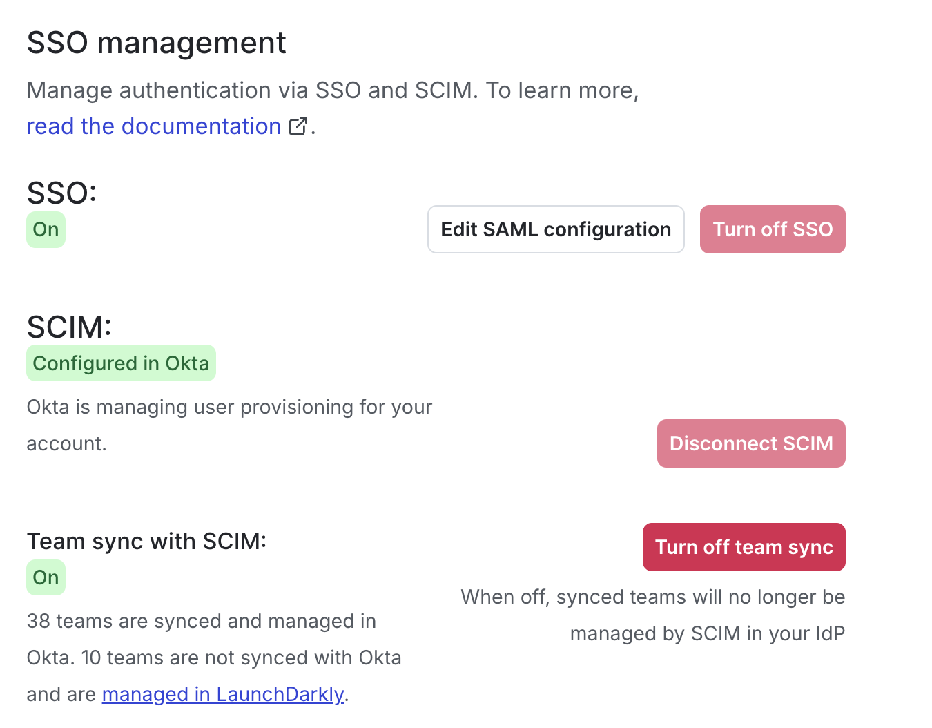 The "Turn on team sync" option within the "SSO management" section of the "Security" tab.