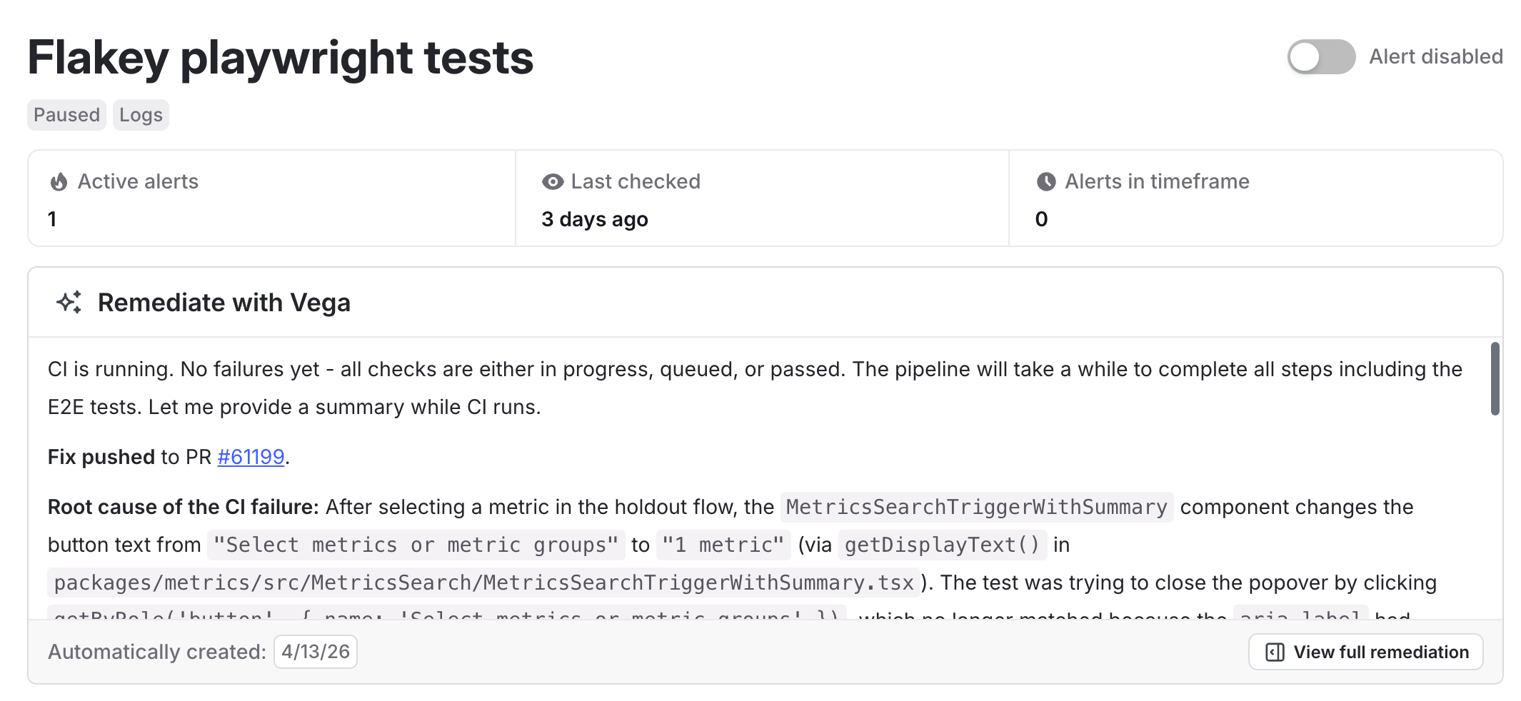 An alert detail page showing a Vega remediation result with a root cause analysis and a linked pull request.