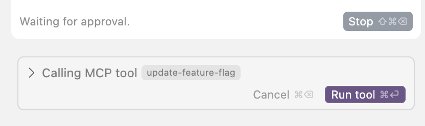 The Run tool button in the AI chat pane of the Cursor IDE.