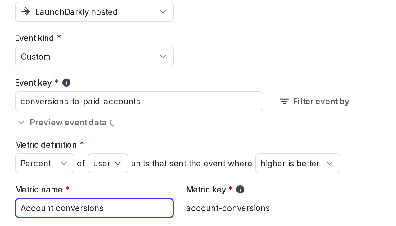The "Create metric" dialog for a custom conversion binary metric.