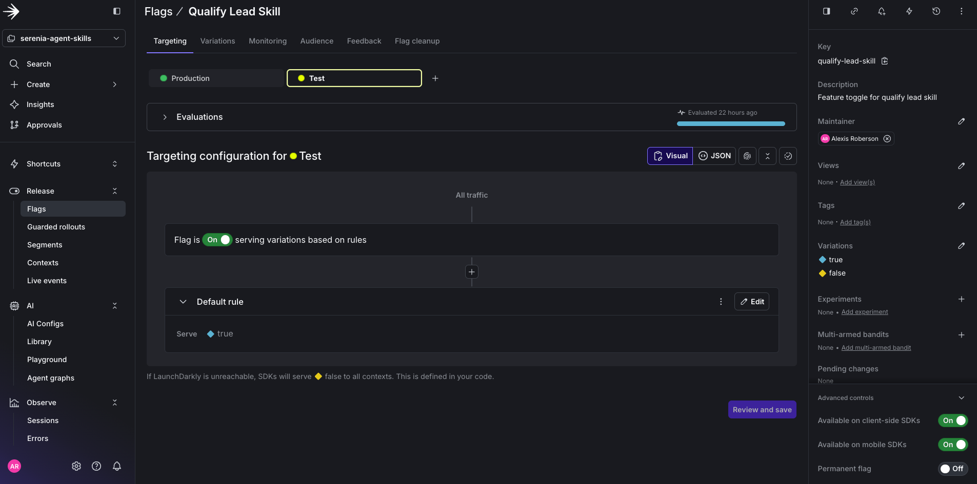 The qualify-lead-skill feature flag in the LaunchDarkly UI.
