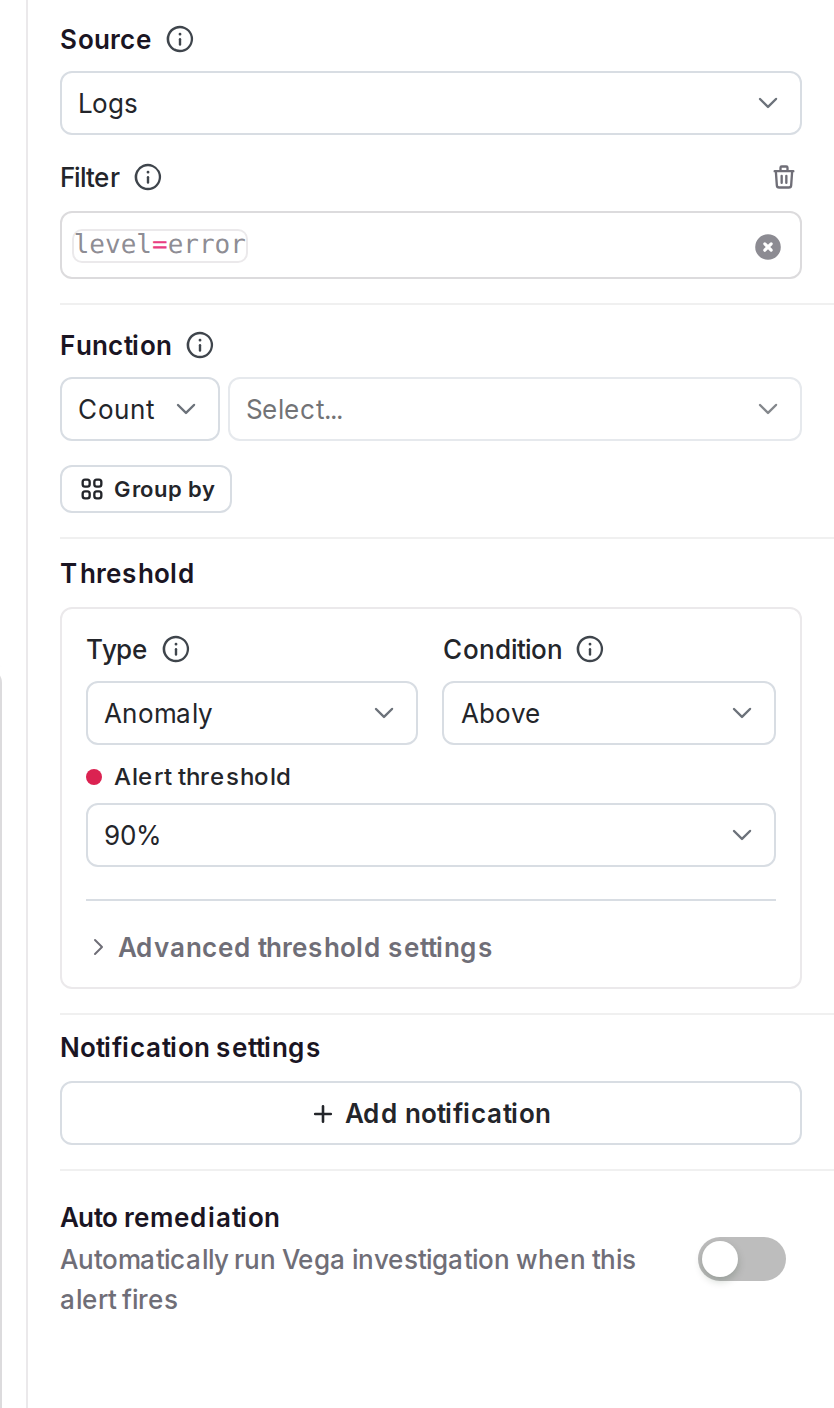 The configuration panel for an alert.