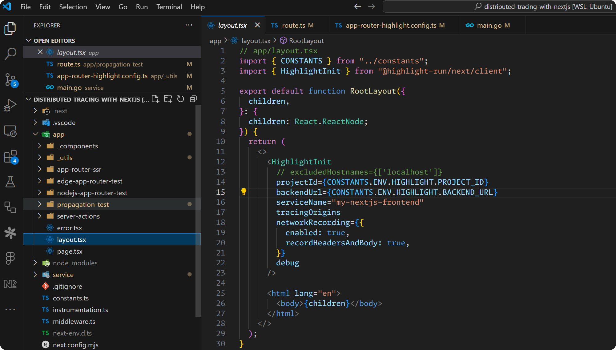 LaunchDarkly SDK installation in a Next.js layout.tsx file for distributed tracing