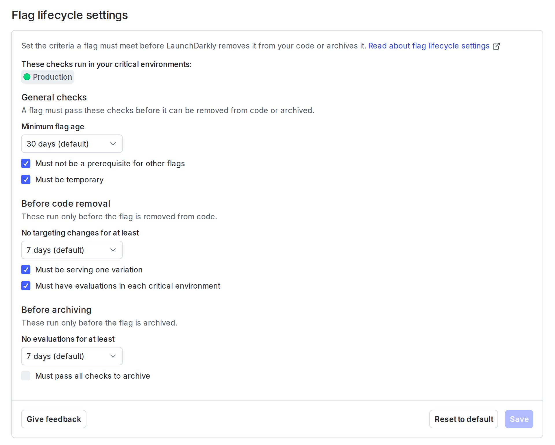 The flag lifecycle settings page.
